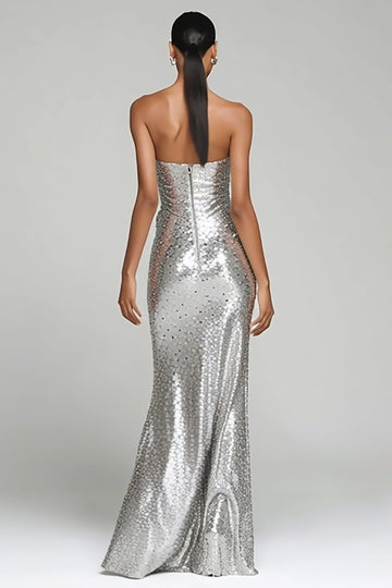 Strapless Sheath Ruched Silver Evening Dress with Slit